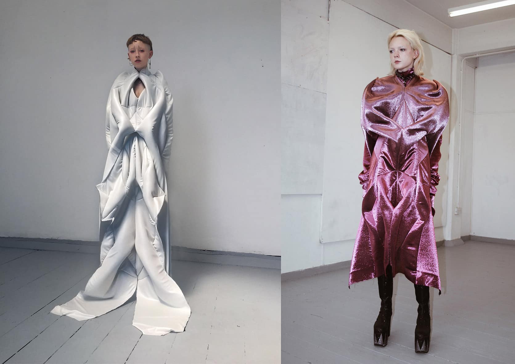 Models wearing scultural dress by Micol Ragni collection
